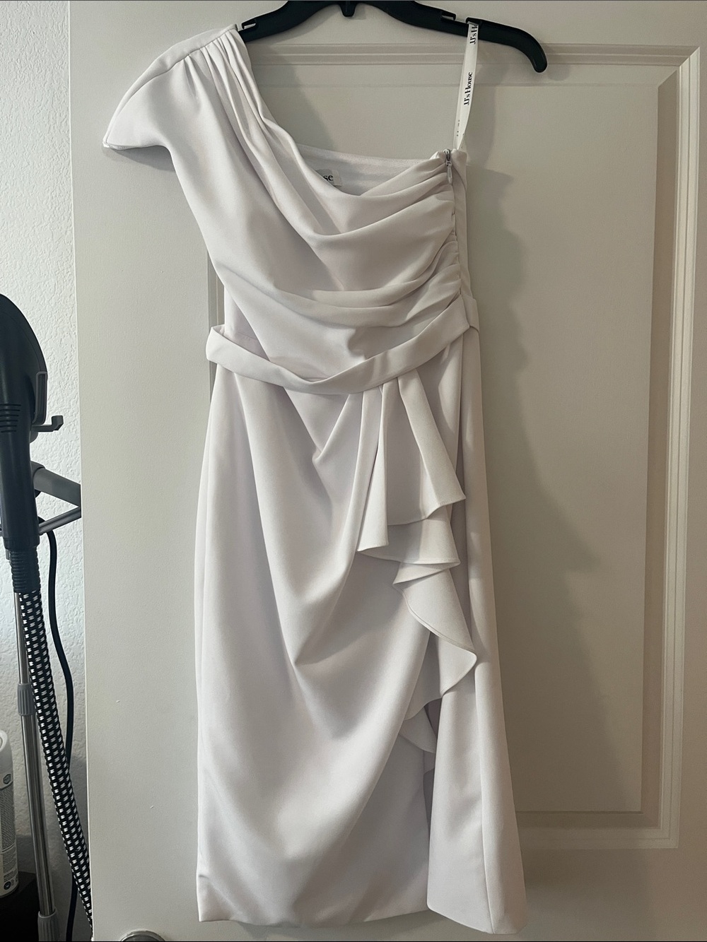 JJs House One-Shoulder Stretch Crepe White Ruffled Midi Dress